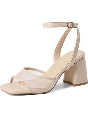 Women's Nude Wide Square Toe Mesh Block Chunky Ankle Strap Heel Sandals